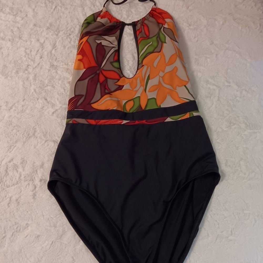 Calvin Klein Black & Orange Tropical Print Keyhole-Neck One-Piece Swimsuit 12 - Picture 3 of 11